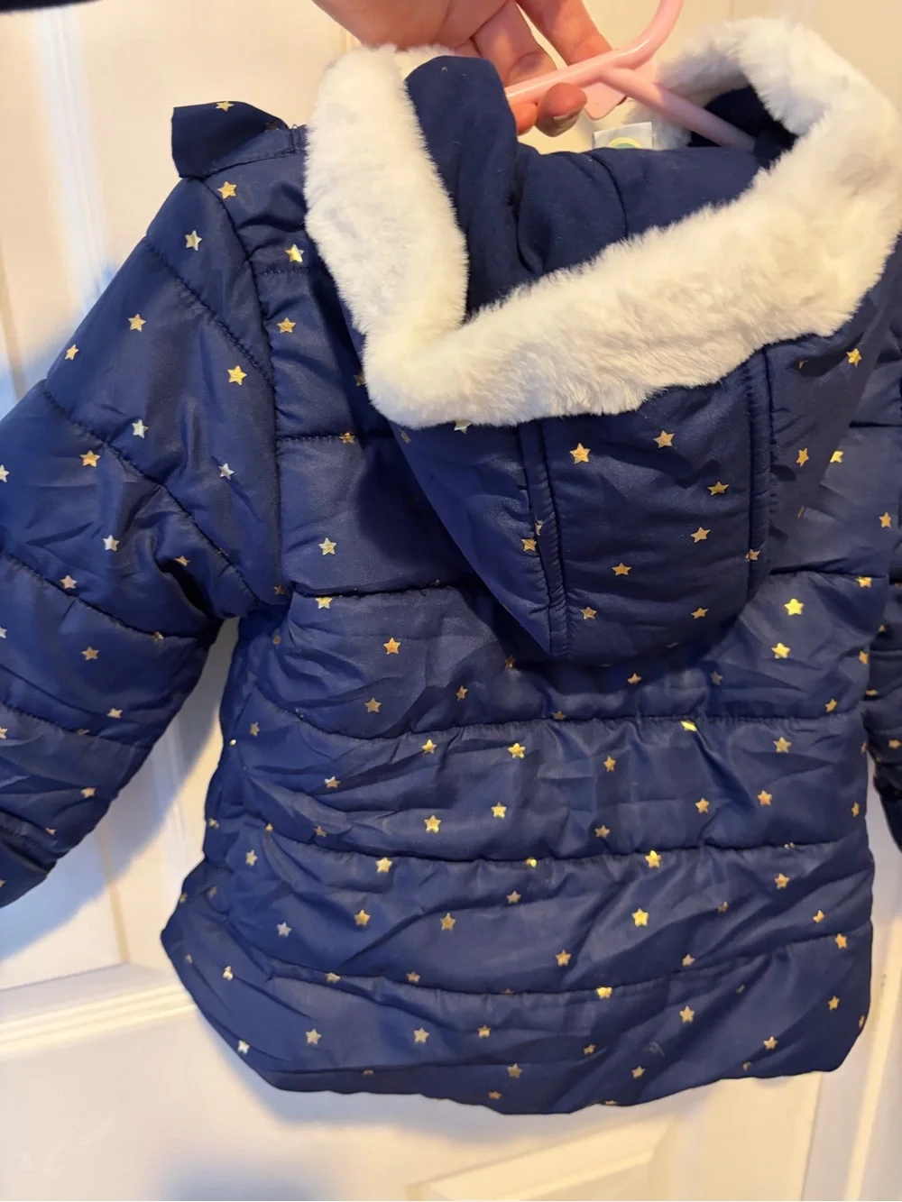Carters Little Me Navy Gold Star White Faux Fur Ruffle Puffer Coat 24 Months